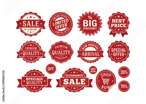 Collection of red sale discount labels and stickers for promotions and offers