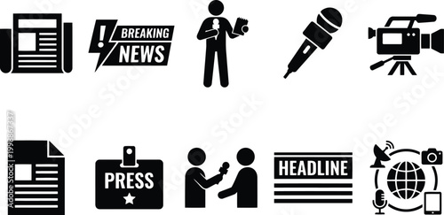 black and white news icons set with press symbols