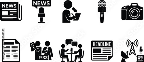 black and white news icons set with press and media symbols