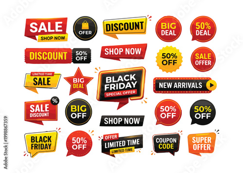 Collection of various colorful sale discount offer labels and stickers for marketing  promotional materials
