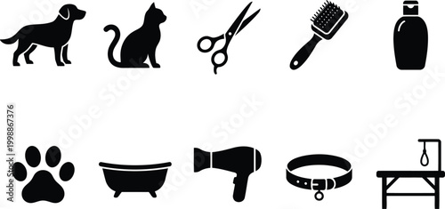 black icons for pet grooming and care