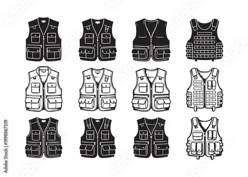 Collection of various tactical vests and bulletproof vests in black and white