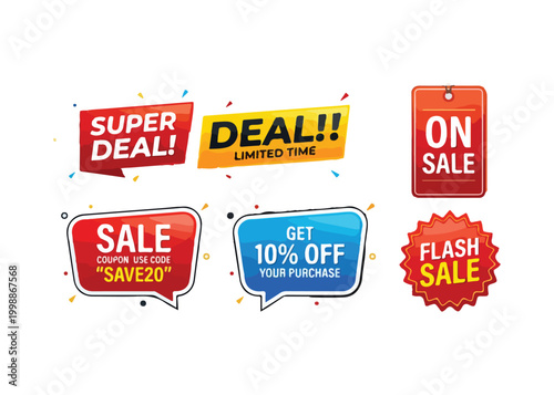 Colorful sale and discount stickers for marketing and advertising campaigns online shopping