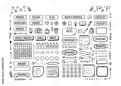 Hand drawn doodle planner stickers for organization and time management  daily routine and task list