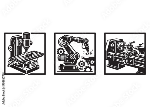 Industrial manufacturing machines and robotic arms for production and fabrication processes