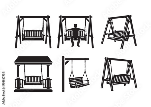 Set of various porch swing designs and silhouettes for outdoor furniture and decoration  modern relaxing patio swings