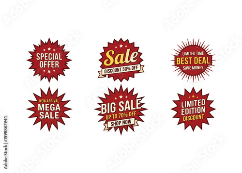 Sale discounts and offers stickers with starburst shapes and text  promotional labels