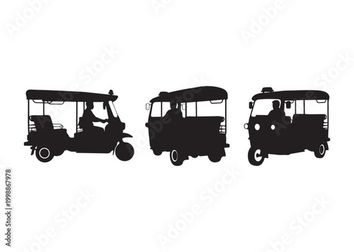 Silhouette of three tuk tuks in different angles on white background