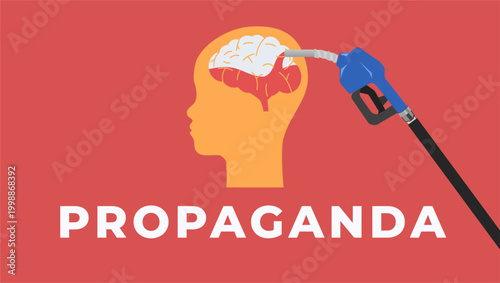 Propaganda Concept Illustration of Fuel Nozzle Filling Human Brain with Information on Red Background
