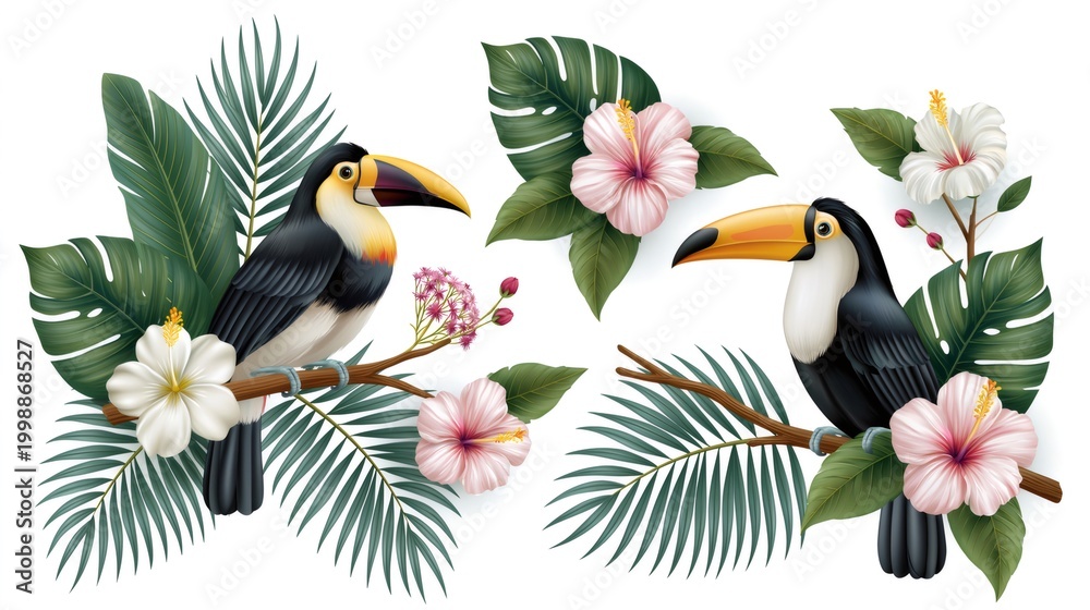 Fototapeta premium Tropical toucans sitting on branches with hibiscus flowers