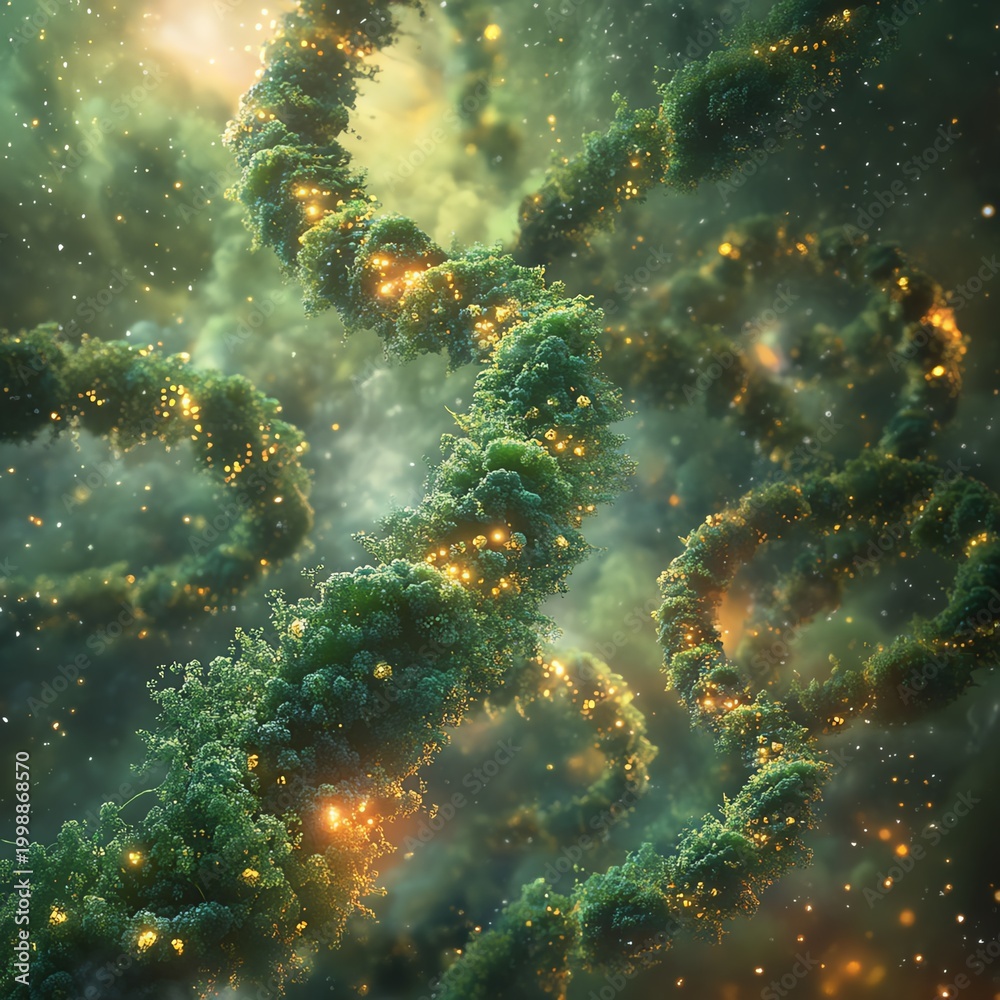 Fototapeta premium Abstract representation of DNA strands in a cosmic environment, showcasing creativity and biological beauty.