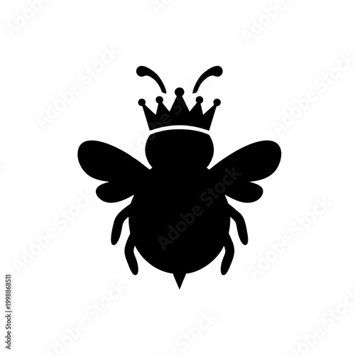 Silhouette of a Chubby Queen Bee With a Prominent Crown, Solid Black Shape, Smooth Vector Edges, Minimalist Logo