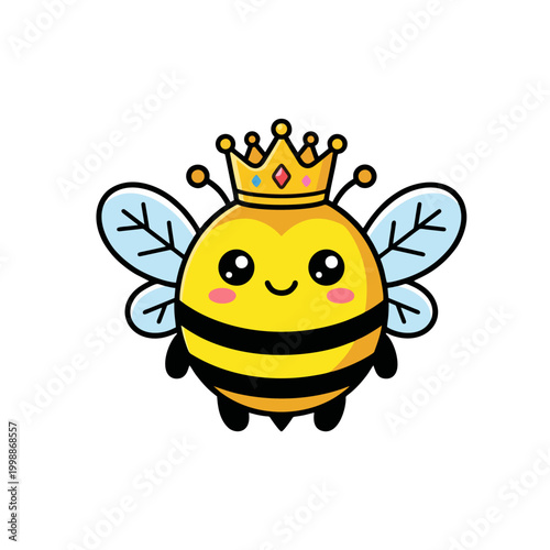 Kawaii Style Chubby Queen Bee With Big Eyes and a Crown, Flat Design Logo, Crisp Edges, Solid Bright Colors
