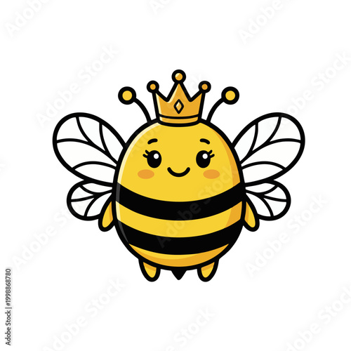 Cute Chubby Queen Bee Logo Wearing a Tiny Gold Crown, Flat Vector Logo Design, Thick Black Outlines, Solid Yellow and Black Colors