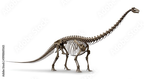 Detailed 3D rendering of a large sauropod dinosaur skeleton, showcasing its long neck and tail, on a white background.