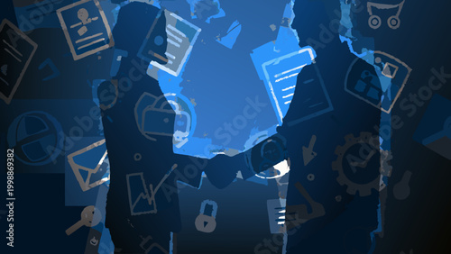 Business professionals negotiating contract with documents and technology icons in blue background