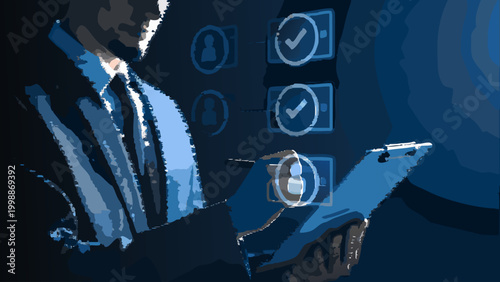 Corporate lawyer reviewing digital contracts on tablet with checklist in professional office setting with blue tones