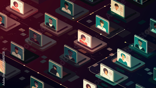 Hr decision intelligence concept with multiple laptops showing diverse people in a networked workspace