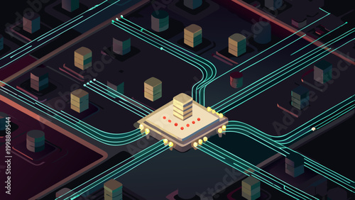 Automated data pipelines feed into a central processing unit on a futuristic circuit board with glowing blue lines and red indicators representing technology and innovation