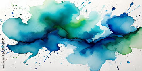 Abstract blue watercolor world map illustration with paint splashes, ink texture, sky cloud patterns and artistic paper grunge design