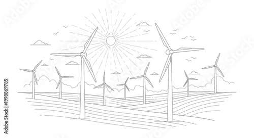 Wind Farm Landscape Illustration: Renewable Energy, Clean Power, Sustainable Future