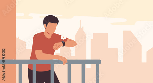 Man checking smartwatch on balcony with city skyline background at sunrise