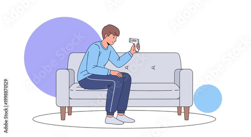 Man checks temperature with infrared thermometer at home, health check concept