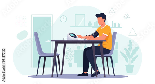 Man checks blood pressure at home, health monitoring, medical device on table