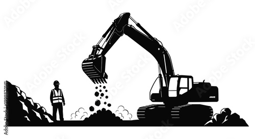 Excavator digging with construction worker and pile of rocks black silhouette high quality professional detailed modern elegant stylish clean