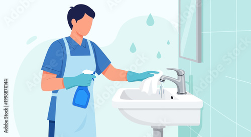 Man cleaning bathroom sink with spray bottle and cloth, hygiene and disinfection concept