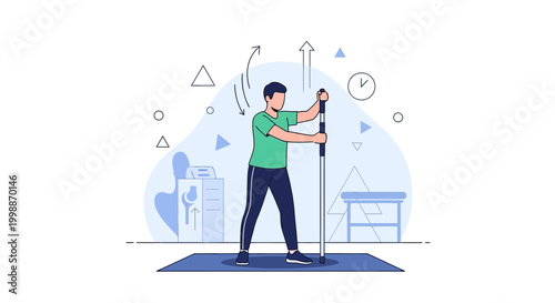 Man doing physical therapy exercise with a stick for rehabilitation and recovery