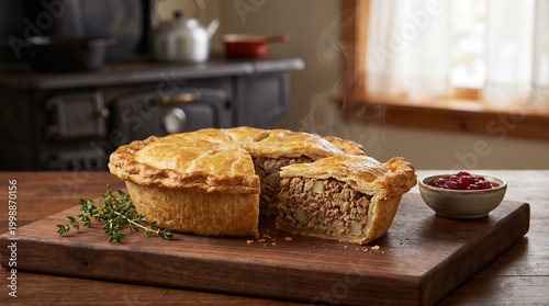 Canadian Food Traditional Tourtiere Meat Pie with Flaky Pastry, French-canadi