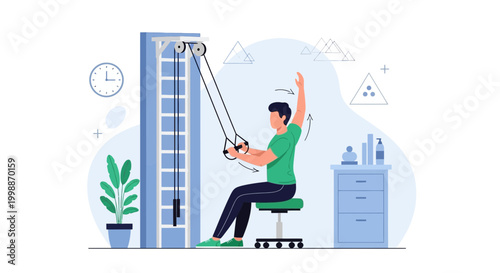 Man doing physical therapy exercise with cable machine for shoulder rehabilitation