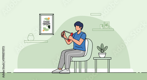 Man doing physical therapy exercise with resistance band, recovery after stroke