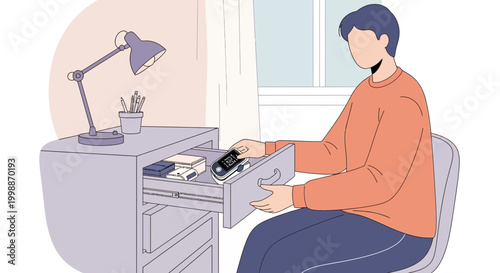 Man organizing medical supplies in a desk drawer at home, health and wellness concept