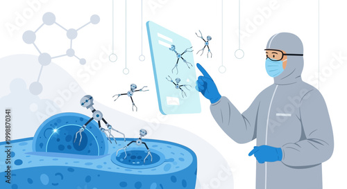 Nanobots in a lab, scientist in hazmat suit analyzing microscopic world on screen
