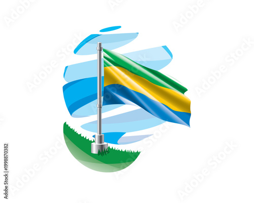 Quadro su tela Gabonese flag on a green lawn against a background of blue abstract sky