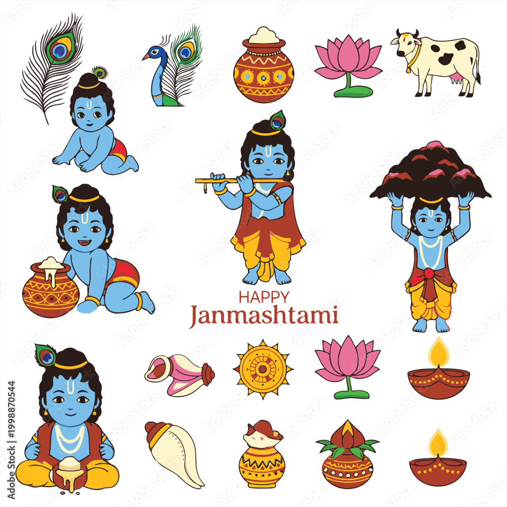 Fototapeta premium Happy Janmashtami Celebration with Krishna Playing Flute Amidst Symbols