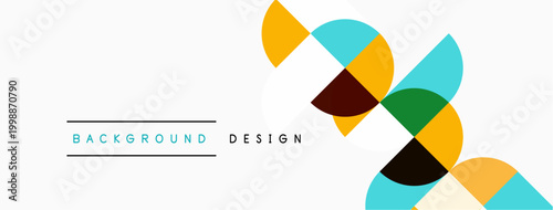 Abstract geometric shapes overlap, creating modern design. Colors include orange, turquoise, brown, green, yellow. Minimalist aesthetic.