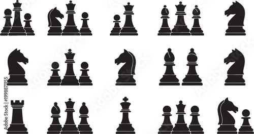 Collection of black chess pieces in various arrangements including kings queens rooks knights bishops and pawns.