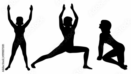 Black silhouettes of three people practicing yoga poses on white background