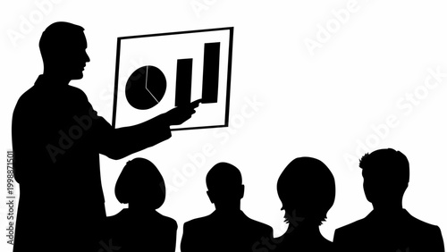Businessman presenting chart to audience in meeting or conference setting with silhouettes