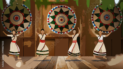 Traditional assamese dancers performing with colorful circular props in cultural attire on wooden stage