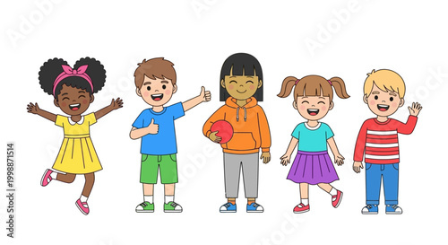 Diverse group of happy cartoon children standing together, smiling, isolated on white background.