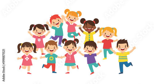 Diverse group of happy children jumping and playing together, isolated on white background.