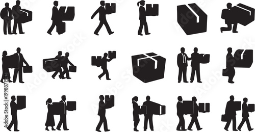 Silhouettes of people carrying boxes and packages in various poses.