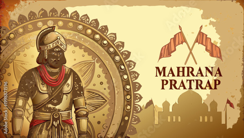 Maharana pratap jayanti illustration with warrior and flag