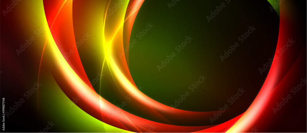 Fototapeta premium Abstract vibrant layers overlap, creating dynamic energy. Colors blendreds, yellows, greensforming flowing shapes. Dark background emphasizes luminosity.