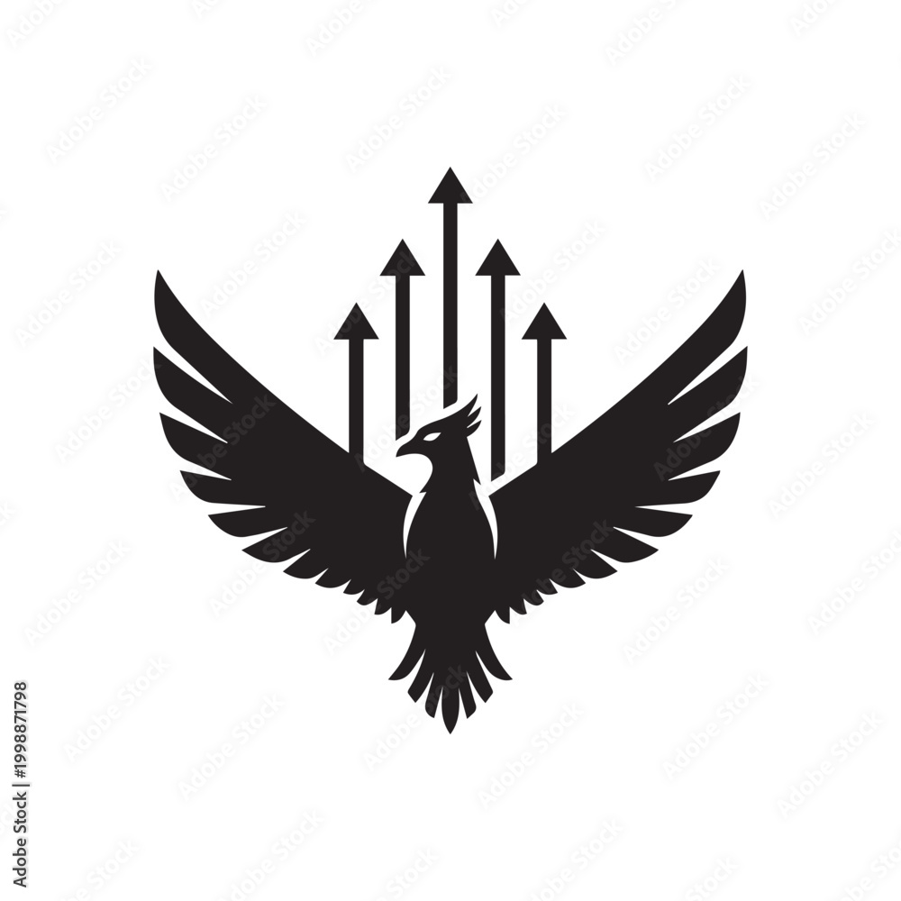 Fototapeta premium Phoenix rising bird icon with upward arrows silhouette strength business