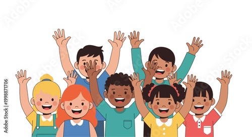 Diverse Group of Happy Children Waving Hands, Celebrating Together
